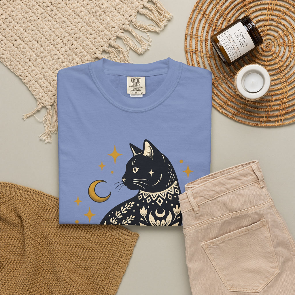 Astral Cat T-Shirt Boho Chic Esoteric Gift Women Ethnic T-Shirt Celestial Cat T-Shirt Bohemian Fan Tribal T-Shirt Mystical Graphic Sleek Moonlight