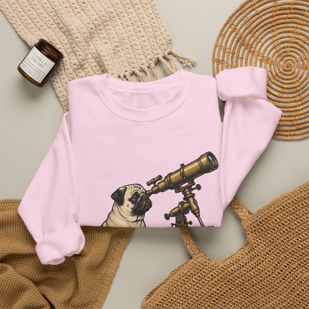 Pug Puppy Sweatshirt Dog Space Gift Women Retro Sweatshirt Puppy Sweatshirt Dog Fan Canine Sweatshirt Vintage Graphic Astronomy Illustration Sketch Binoculars
