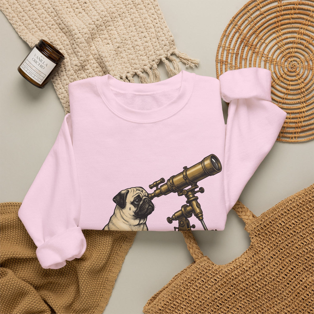 Pug Puppy Sweatshirt Dog Space Gift Women Retro Sweatshirt Puppy Sweatshirt Dog Fan Canine Sweatshirt Vintage Graphic Astronomy Illustration Sketch Binoculars
