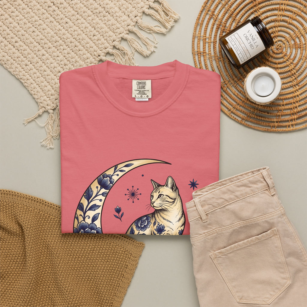 Flower Kitty T-Shirt Cat Astrology Gift Women Hippie T-Shirt Kitty Cat T-Shirt Cat Fan Zodiac Graphic T-Shirt Retro Half Moon T-Shirt