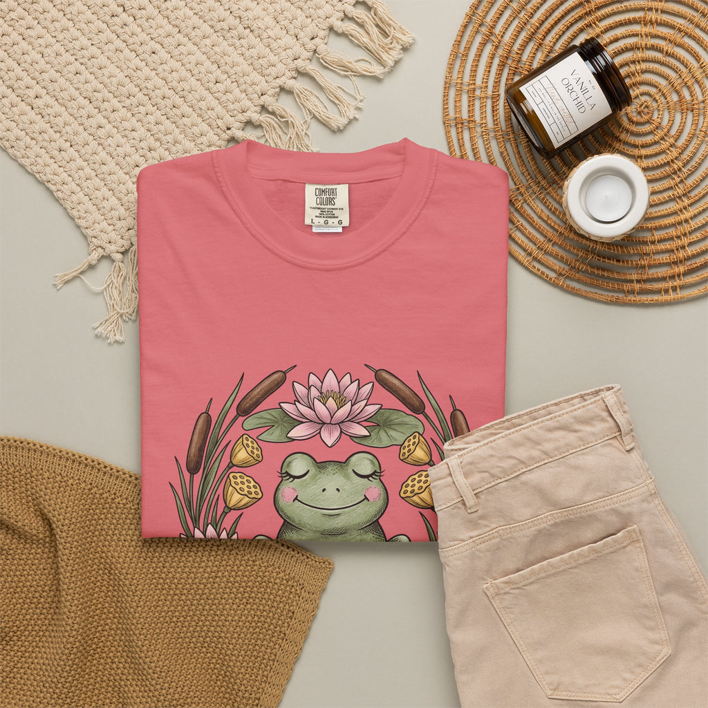 Frog Lotus Blossom T-Shirt Boho Chic Environment Gift Women Line Art T-Shirt Toad T-Shirt Bohemian Fan Minimalist T-Shirt Eco Graphic Distressed