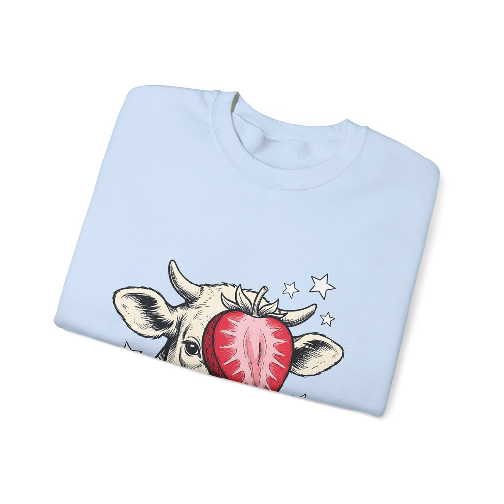 Cow Strawberry Sweatshirt Cute Animal Gift Women Hand Drawn Sweatshirt Cow Sweatshirt Adorable Fan Illustrated Sweatshirt Creature Graphic Whimsical Stars