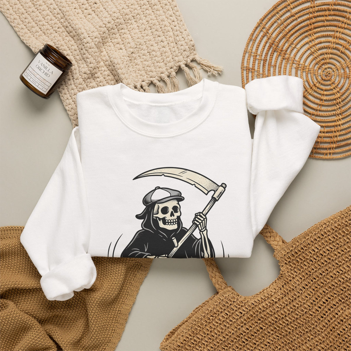 Reaper Skull Sweatshirt Halloween Cranium Gift Women Animated Sweatshirt Grim Reaper Sweatshirt Horror Fan Death Skull Graphic Sweatshirt Old School Sickle