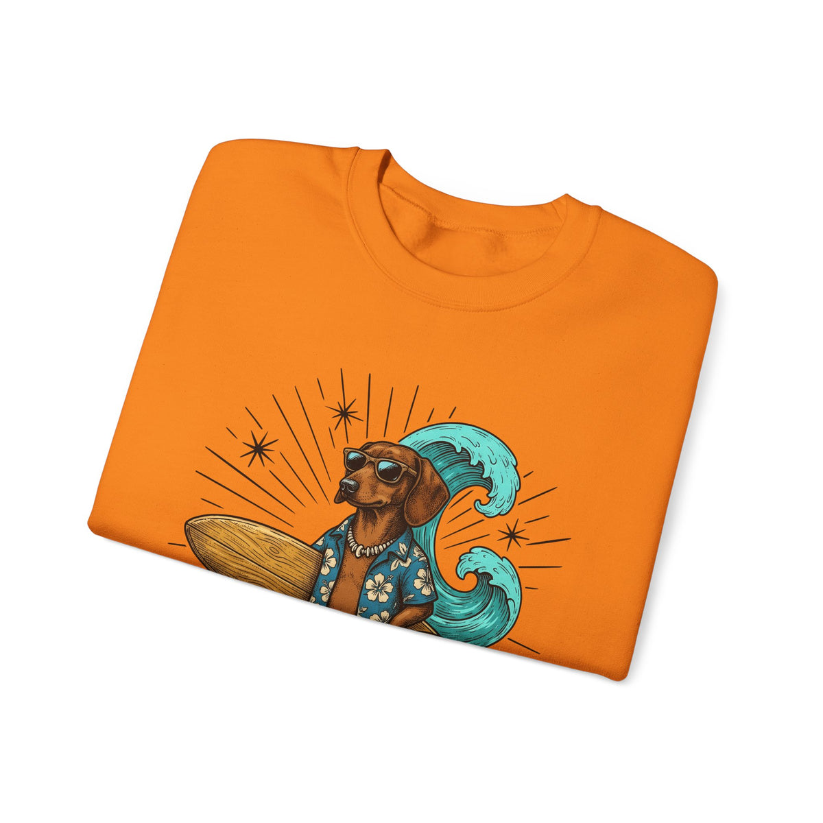 Dachshund Surfer Sweatshirt Dog Holiday Gift Women Animated Sweatshirt Wiener Dog Sweatshirt Dog Fan Cartoon Sweatshirt Vacation Graphic Retro Surfboard Sweatshirt
