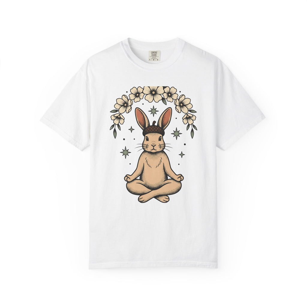 Peaceful Hare T-Shirt Yoga Critter Gift Women Folk T-Shirt Rabbit T-Shirt Yoga Enthusiast Folk Art T-Shirt Animal Graphic Line Art Garden Loop