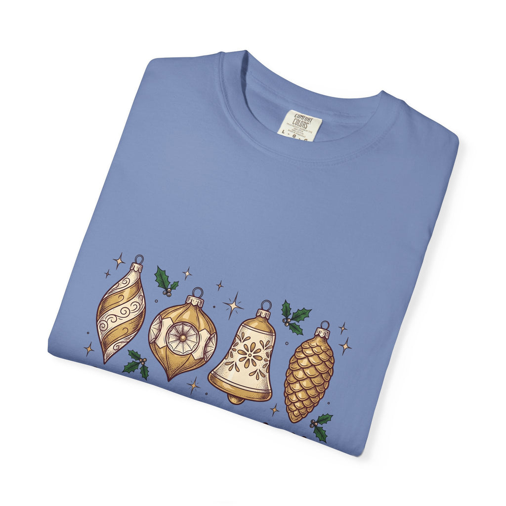 Festive Ornaments T-Shirt Christmas Event Gift Women Line Art T-Shirt Baubles T-Shirt Xmas Fan Illustration Graphic T-Shirt Hand Painted Pine