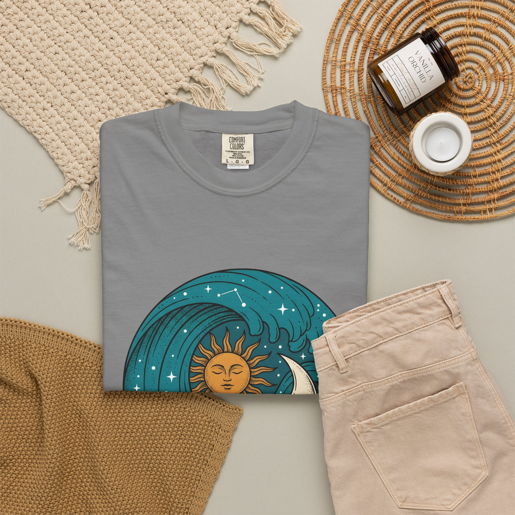 Sun Moon Sea Celestial Horoscope Gift Folk Ocean Astrology Enthusiast Bohemian Zodiac Rustic Star T-Shirt