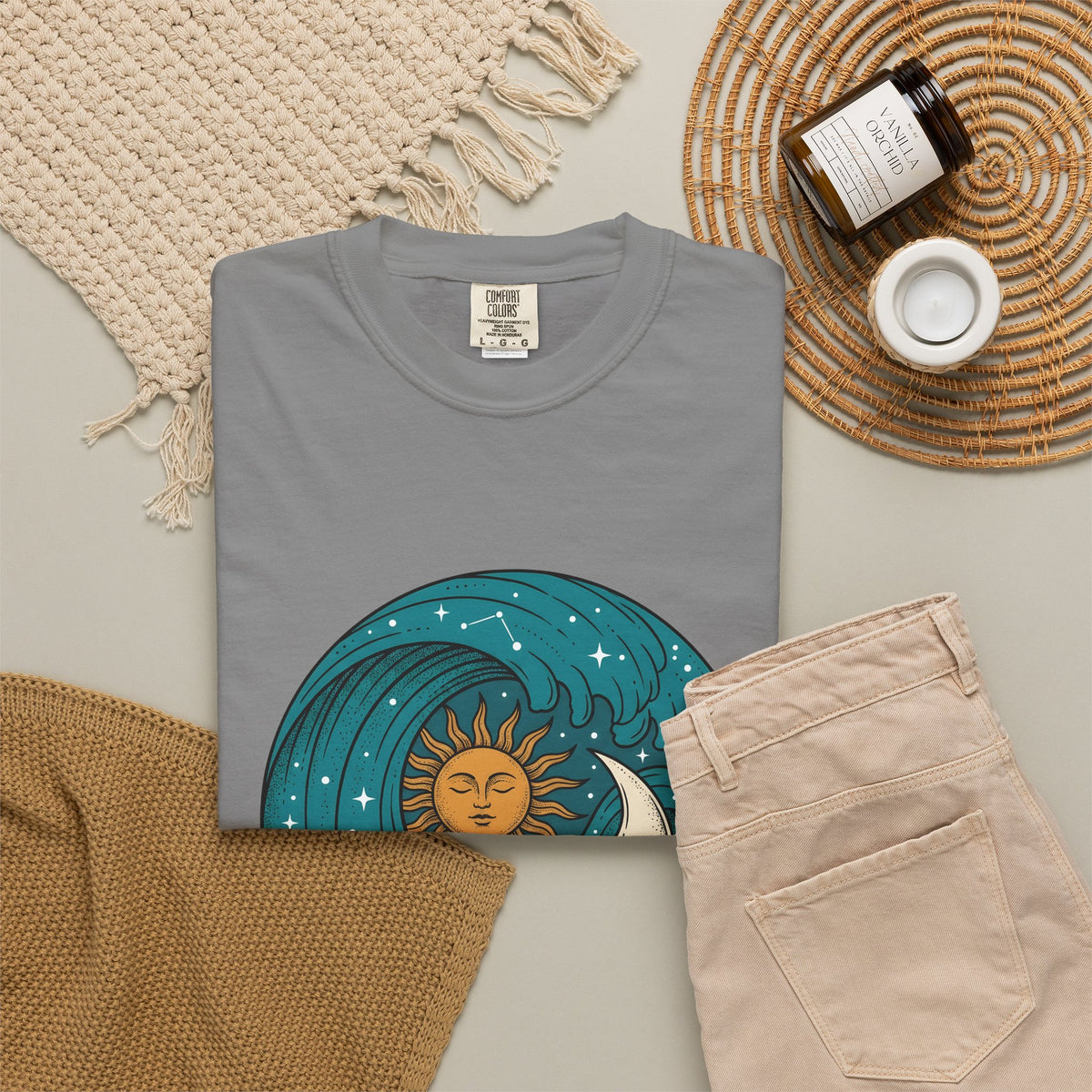 Sun Moon Sea Celestial Horoscope Gift Folk Ocean Astrology Enthusiast Bohemian Zodiac Rustic Star T-Shirt