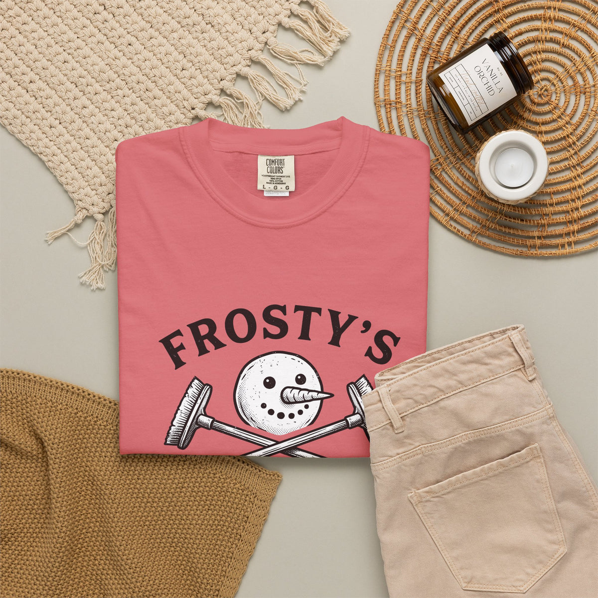 Snowman Face T-Shirt Christmas Exercise Gift Women Old School T-Shirt Frosty T-Shirt Xmas Fan Retro T-Shirt Fitness Graphic Outline Brush Broom