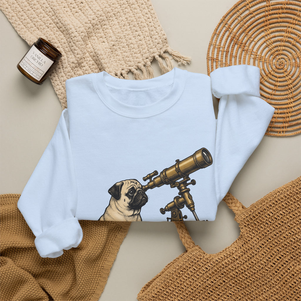 Pug Puppy Sweatshirt Dog Space Gift Women Retro Sweatshirt Puppy Sweatshirt Dog Fan Canine Sweatshirt Vintage Graphic Astronomy Illustration Sketch Binoculars