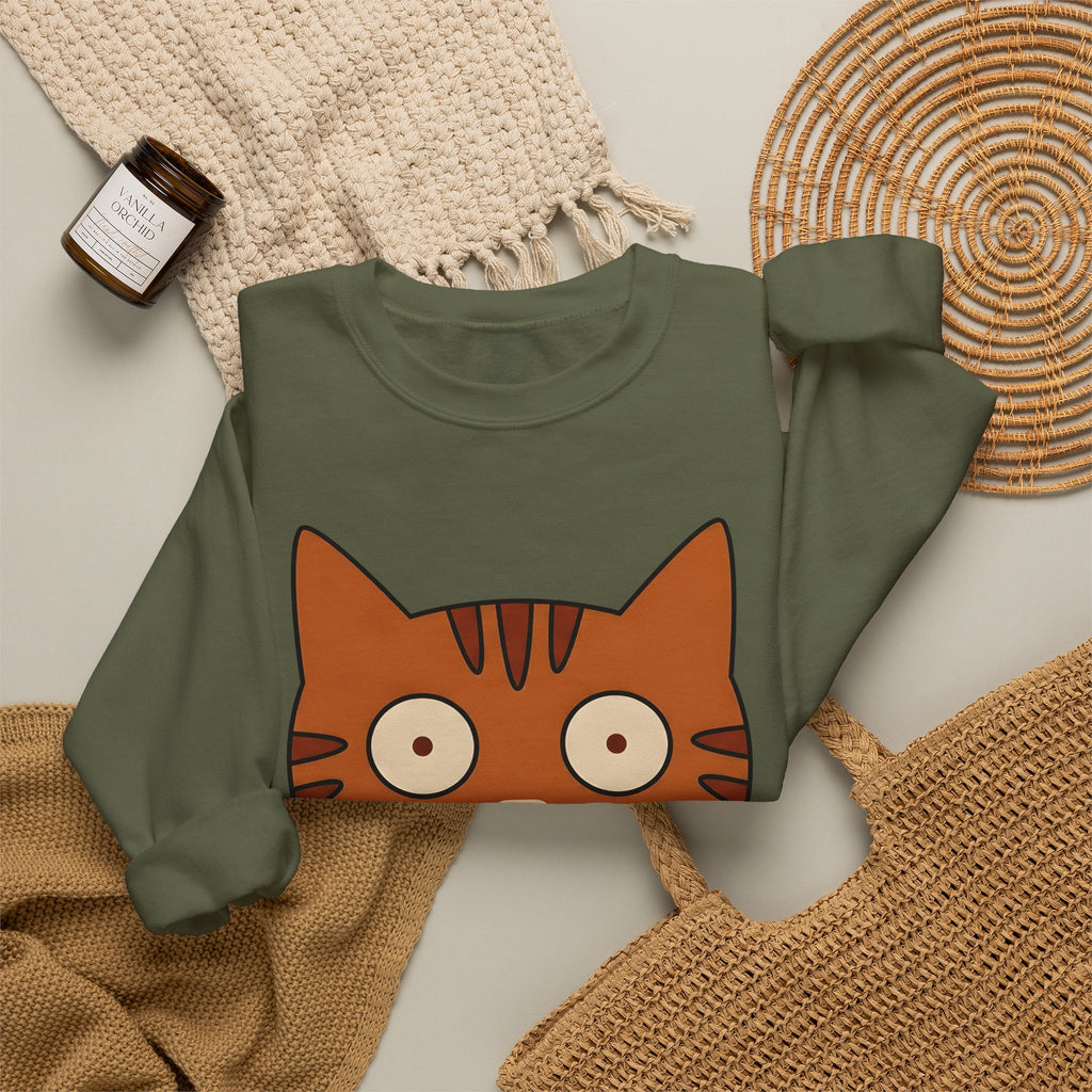 Cat Face Sweatshirt Cat Humor Gift Women Cartoon Sweatshirt Kitten Sweatshirt Cat Fan Toon Sweatshirt Funny Graphic Minimalist Wide Eyes Sweatshirt