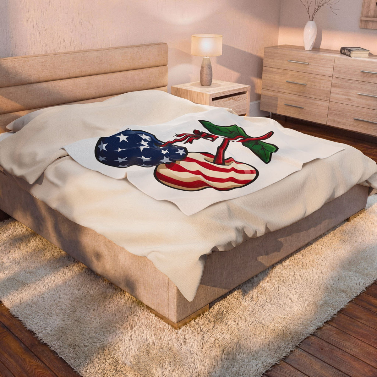 American Cherries 4Th Of July Beach Gift Comic Cherry Independence Day Fan Cartoon Coastal Blanket