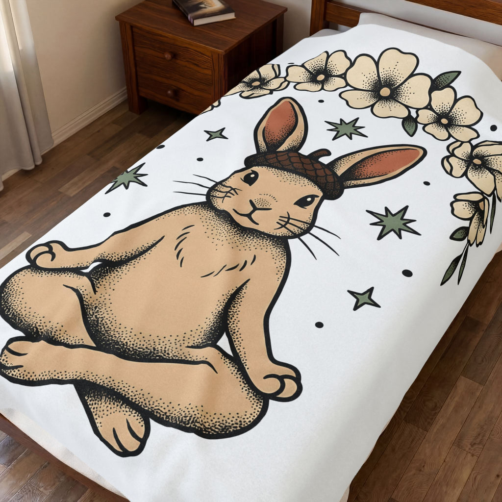 Peaceful Hare Blanket Yoga Critter Gift Women Folk Blanket Rabbit Blanket Yoga Enthusiast Folk Art Blanket Animal Graphic Line Art Garden Loop