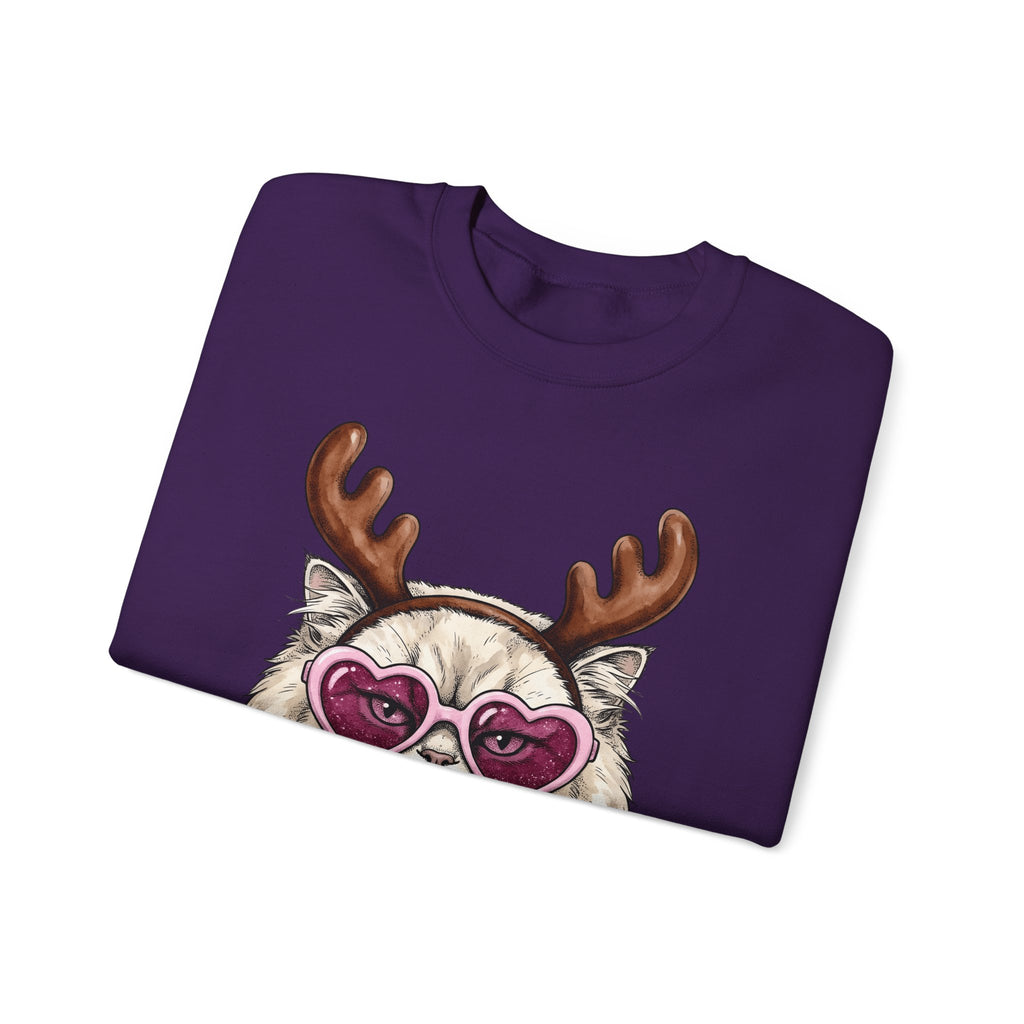 Cat Reindeer Sweatshirt Christmas Cat Gift Women Hand Drawn Sweatshirt Reindeer Sweatshirt Xmas Fan Illustrated Graphic Kitten Design Vintage Heart