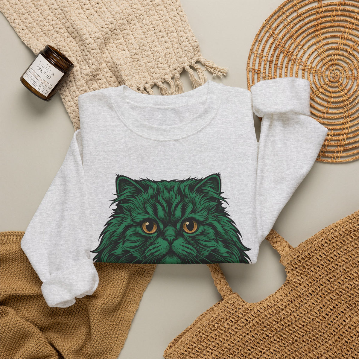 Long Hair Cat Sweatshirt Cat Gift Women Creatures Gift Women Modern Art Sweatshirt Cat Sweatshirt Cat Fan Feline Sweatshirt Beast Graphic Hand Drawn Yellow