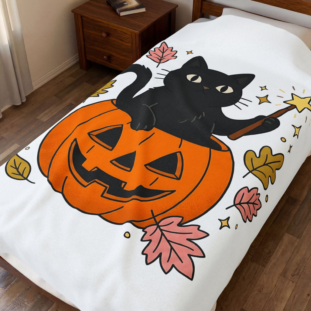 Black Cat Pumpkin Blanket Halloween Cat Gift Women Cute Blanket Cat Blanket Horror Fan Kawaii Blanket Feline Graphic Hand Drawn Magic Wand Blanket