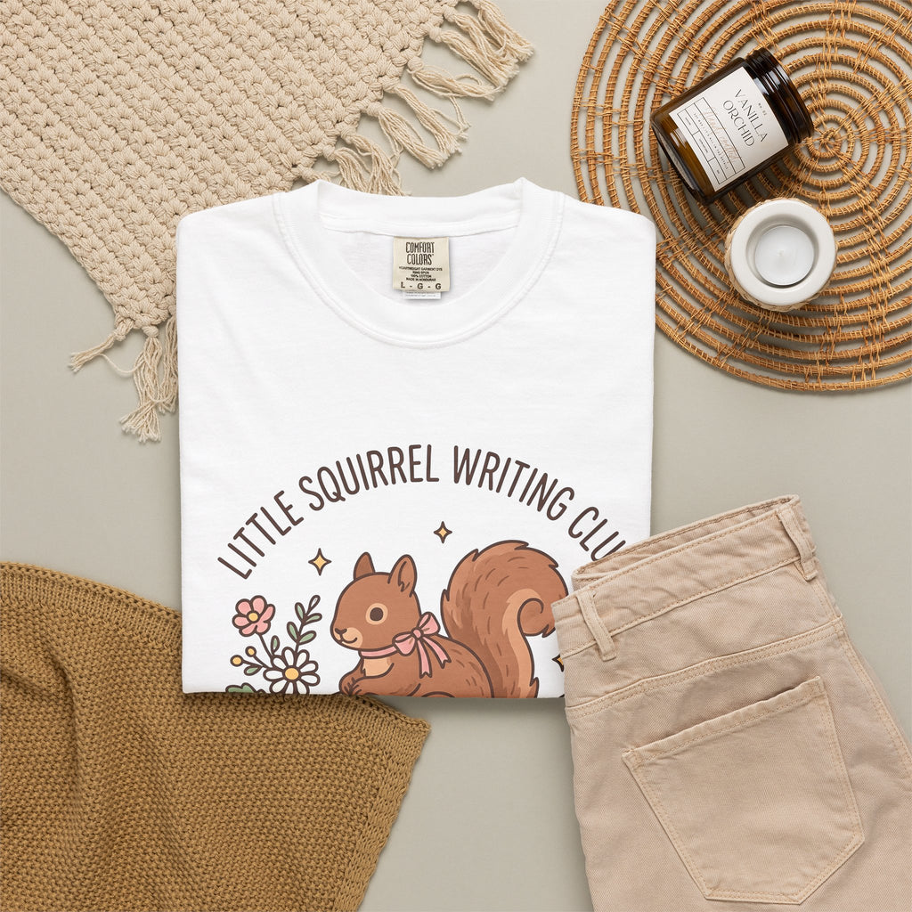 Squirrel Tower Papers T-Shirt Writing Critter Gift Women Playful T-Shirt Paper Tower T-Shirt Author Fan Stationery T-Shirt Animal Graphic Line Art