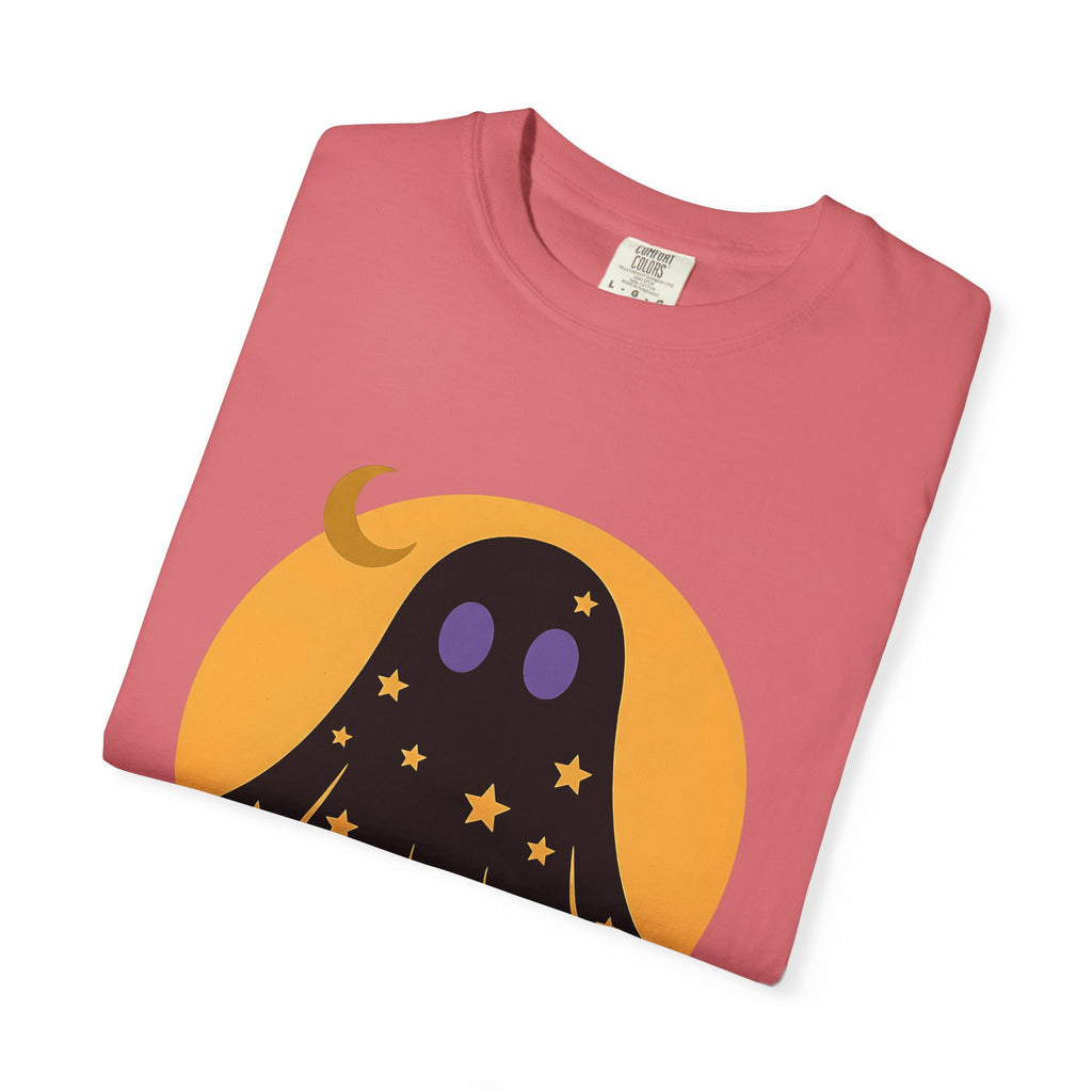 Ghost Halloween Spooky Gift Cute Specter Horror Fan Ghostly Macabre Minimalist Crescent T-Shirt