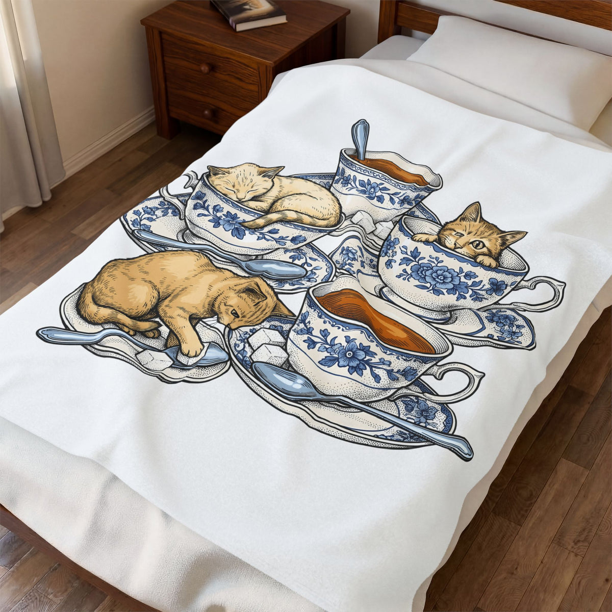 Cat Teacup Blanket Cat Beverage Gift Women Retro Blanket Kitty Blanket Cat Fan Vintage Blanket Coffee Graphic Sketch Flower Design Blanket