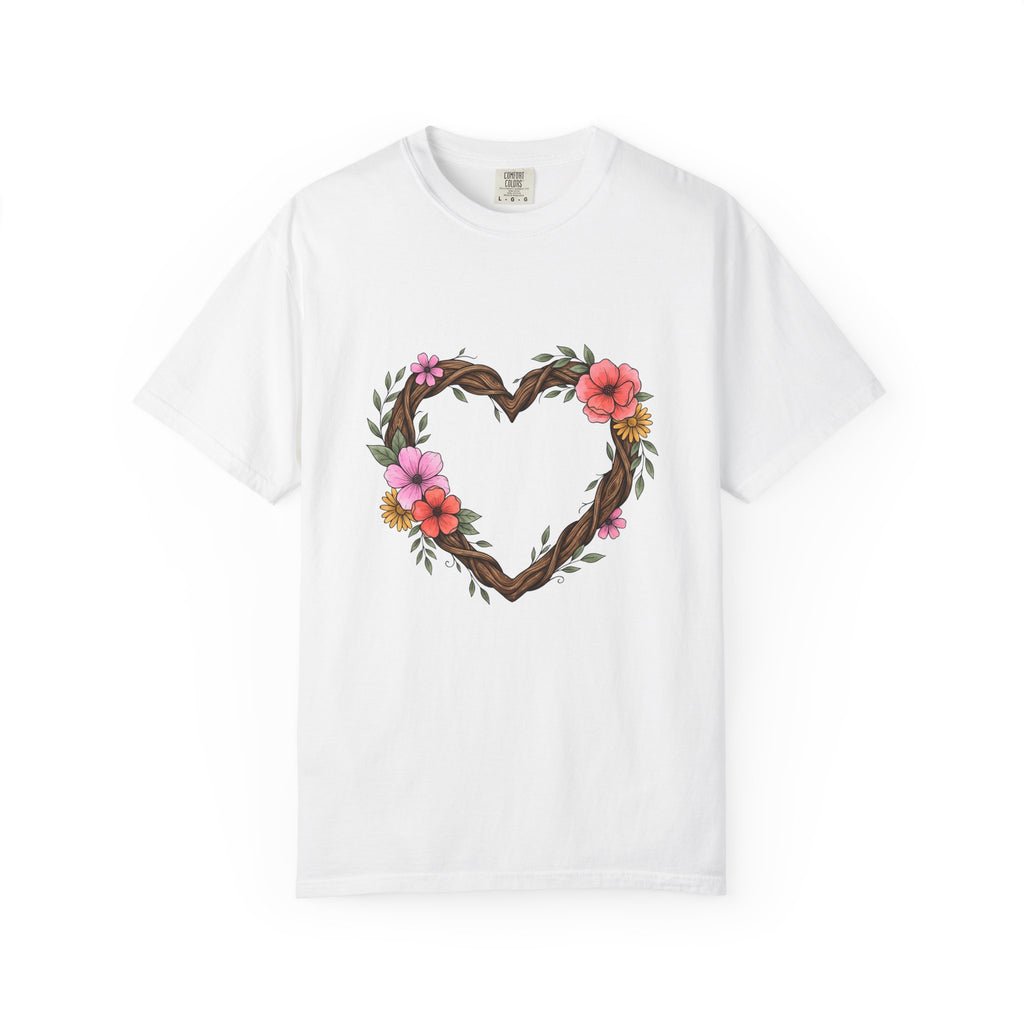Floral Heart T-Shirt Boho Chic Nature Gift Women Hand Drawn T-Shirt Heart T-Shirt Bohemian Fan Illustrated T-Shirt Environmental Graphic Botanical