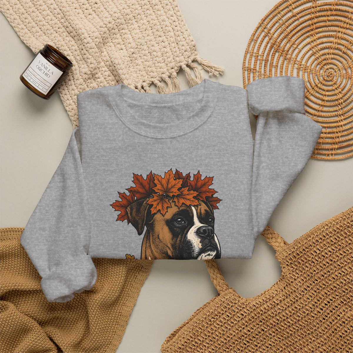 Boxer Puppy Sweatshirt Dog Autumn Gift Women Retro Sweatshirt Puppy Sweatshirt Dog Fan Pup Sweatshirt Fall Graphic Sketch Fall Leaves Sweatshirt