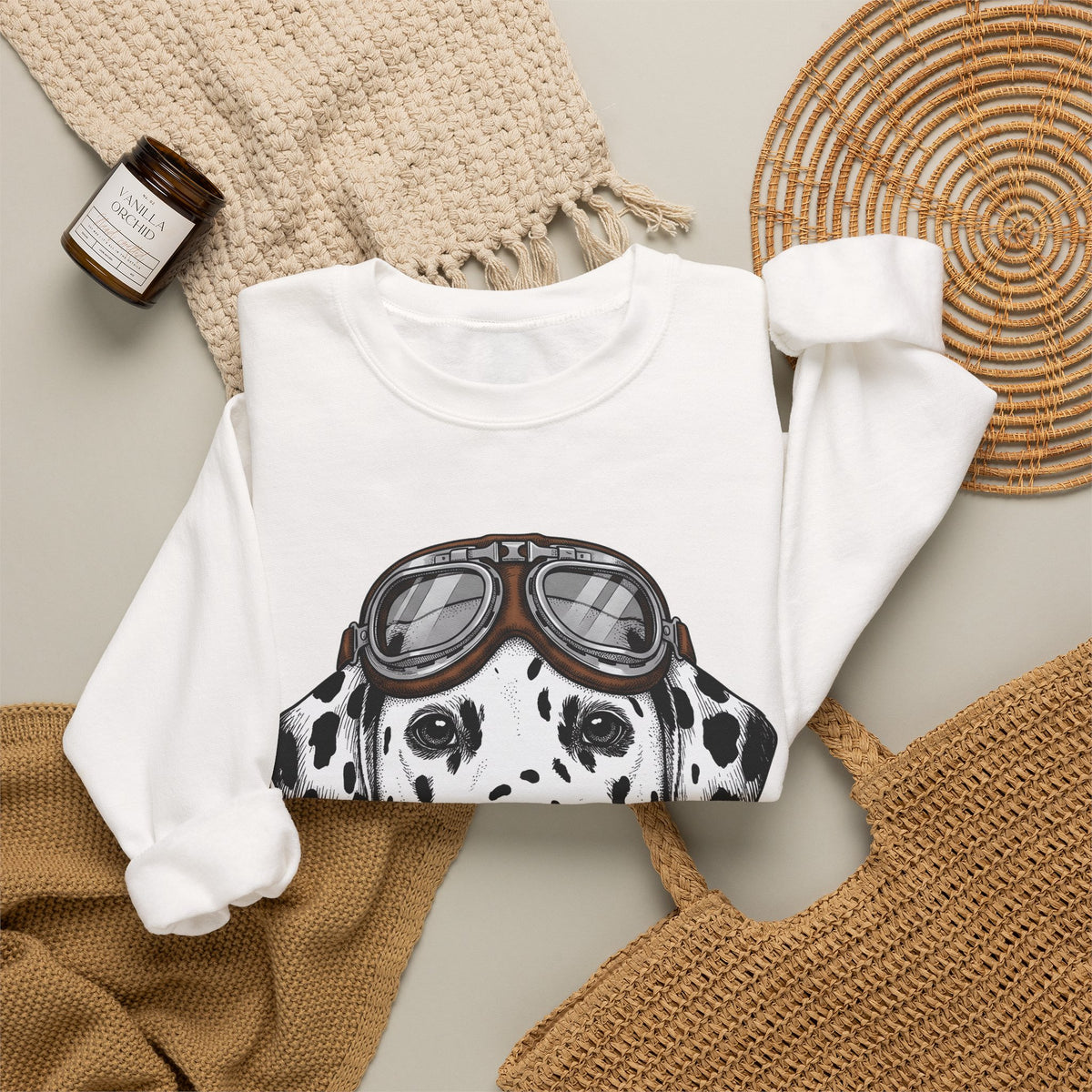 Dalmatian Puppy Sweatshirt Dog Pets Gift Women Line Art Sweatshirt Puppy Sweatshirt Dog Fan Dalmatian Sweatshirt Animal Graphic Retro Pilot Goggles Sweatshirt