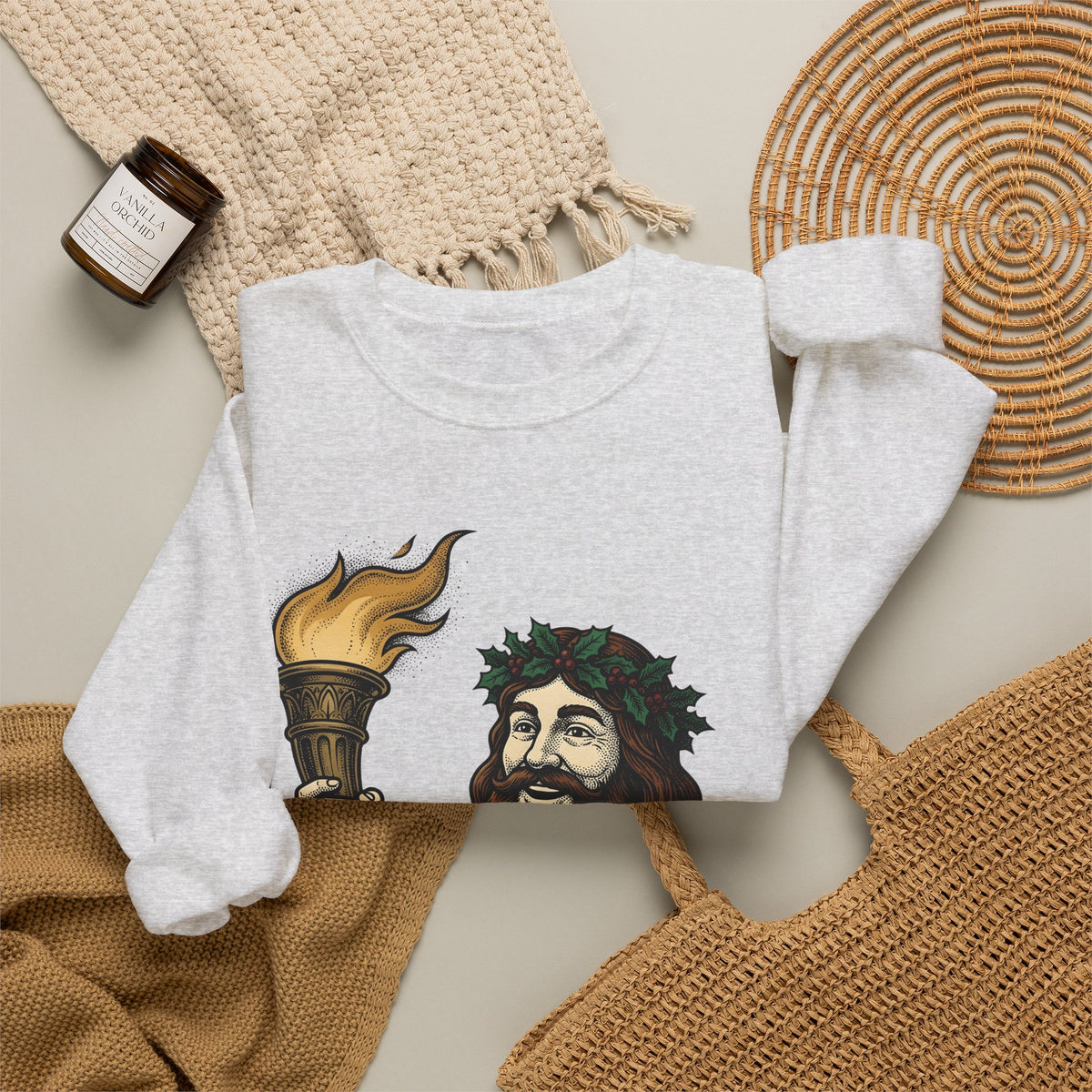 Santa Torch Sweatshirt Christmas Holiday Gift Women Vintage Sweatshirt Torch Sweatshirt Christmas Fan Retro Sweatshirt Seasonal Graphic Hand Drawn Holly Crown