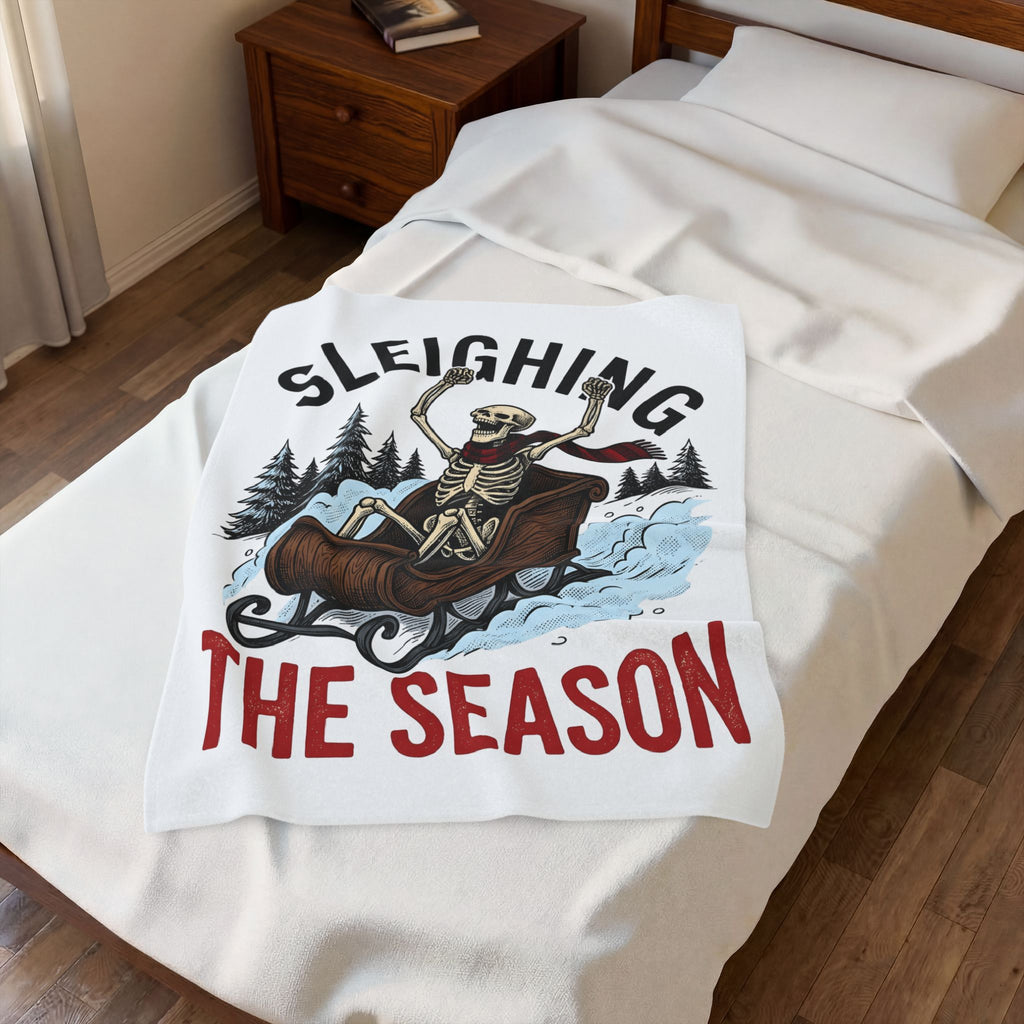 Bone Sleigh Blanket Christmas Comedy Gift Women Shabby Chic Blanket Sleigh Bell Blanket Xmas Fan Distressed Blanket Humor Graphic Doodle Fir Trees