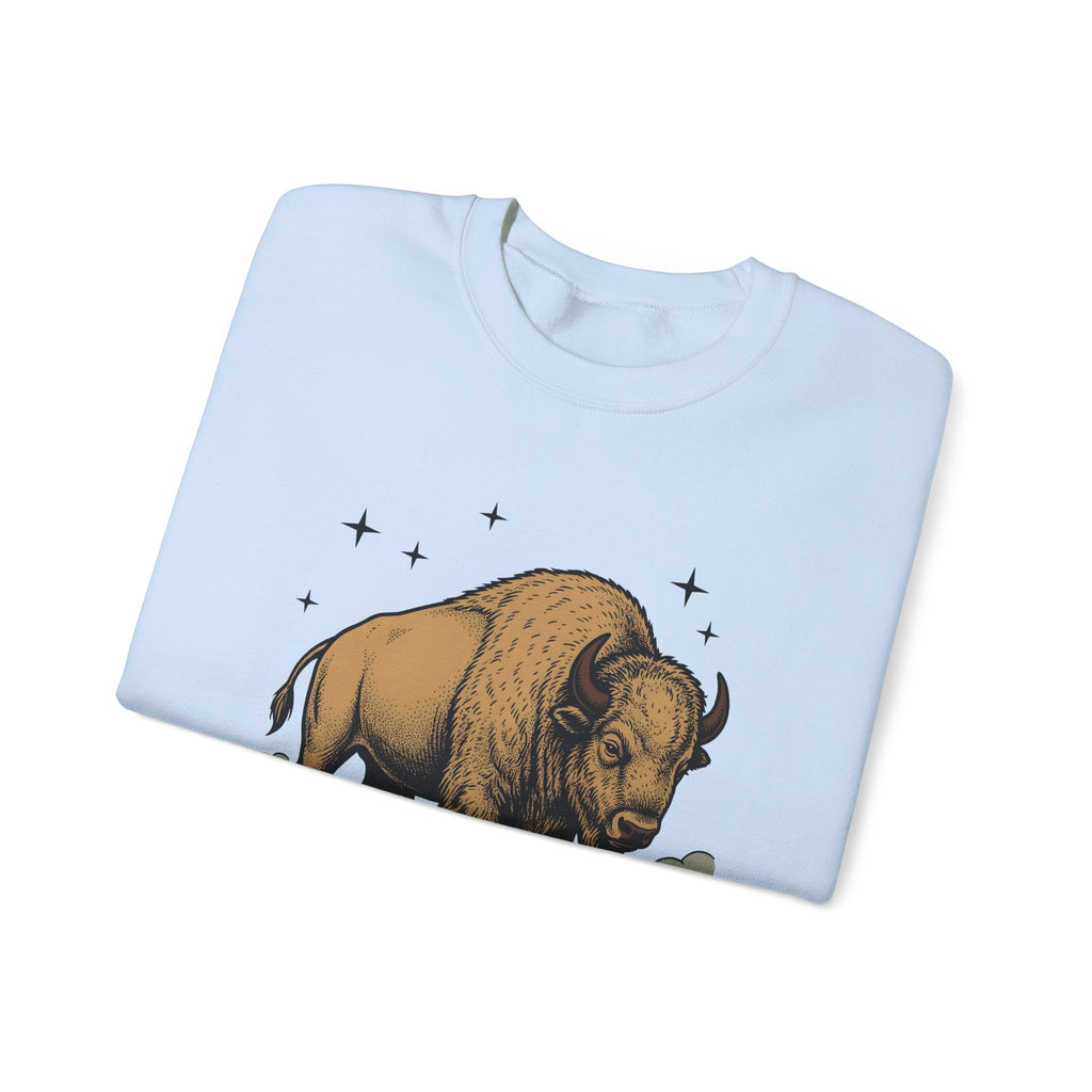 Buffalo Art Sweatshirt Animal Environment Gift Women Rustic Sweatshirt Bison Sweatshirt Wildlife Fan Primitive Sweatshirt Eco Graphic Line Art Star Symbols