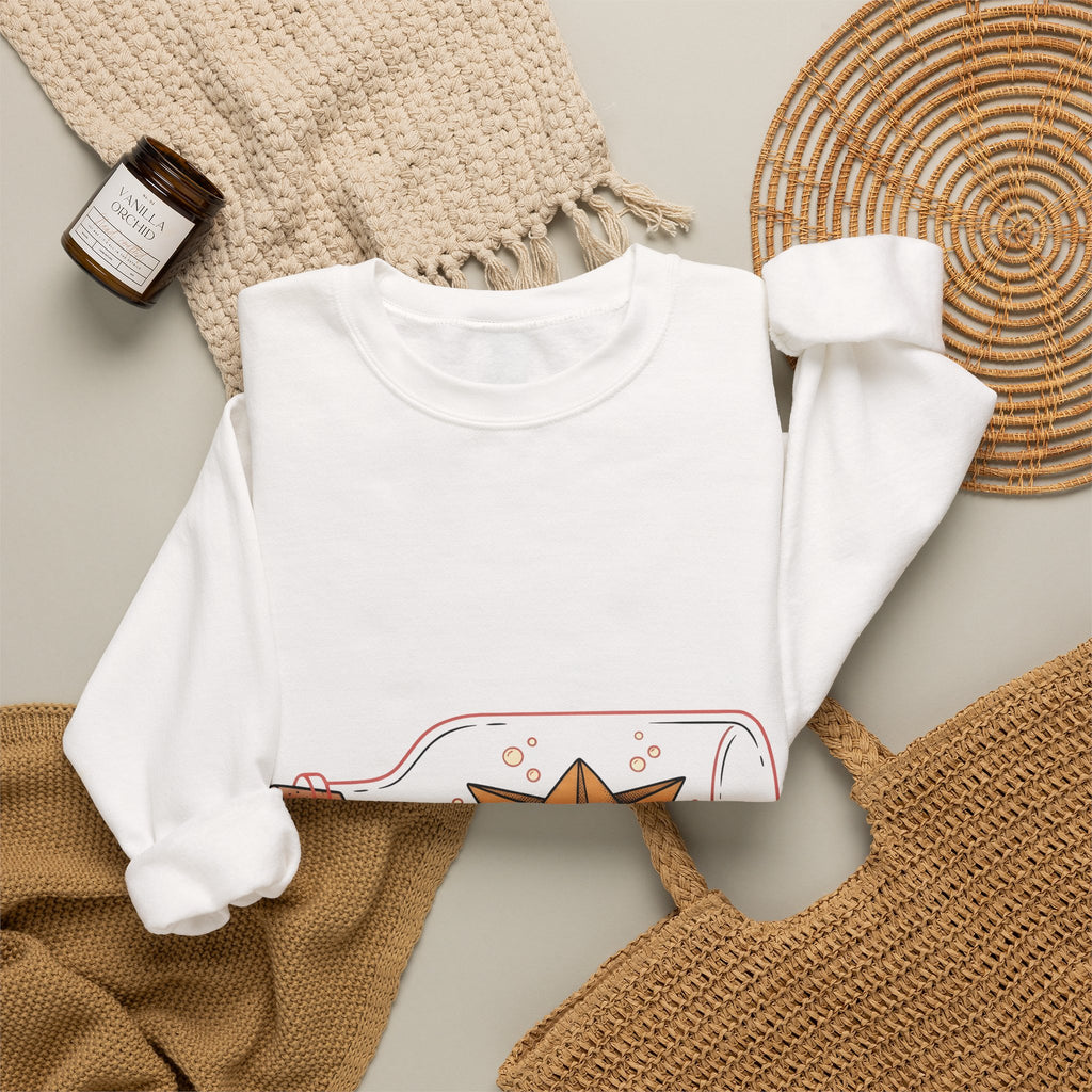 Paper Boat Bottle Sweatshirt Cute Nautical Gift Women Whimsical Sweatshirt Glass Bottle Sweatshirt Adorable Fan Artistic Sweatshirt Maritime Graphic Hand Drawn