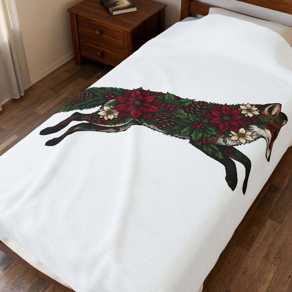 Fox Flower Holiday Winter Gift Floral Flower Christmas Fan Floral Snowflake Retro Pine Cone Blanket