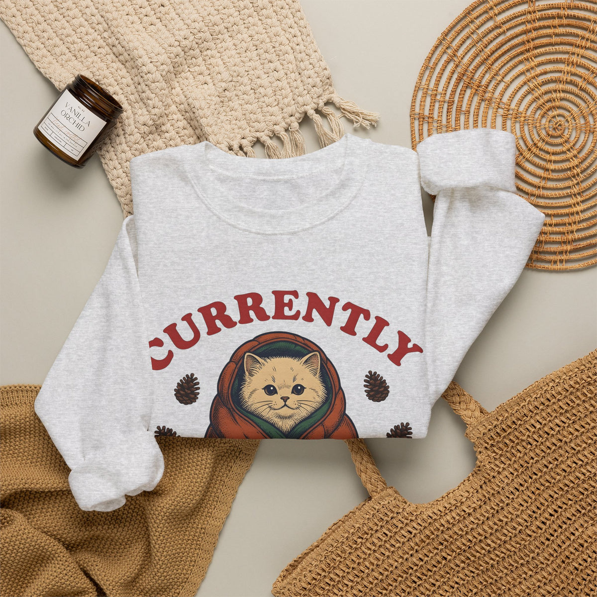 Warm Cat Sweatshirt Cat Backpacking Gift Women Farmhouse Sweatshirt Kitty Sweatshirt Feline Fan Rustic Sweatshirt Hiking Graphic Line Art Conifer Cones Sweatshirt