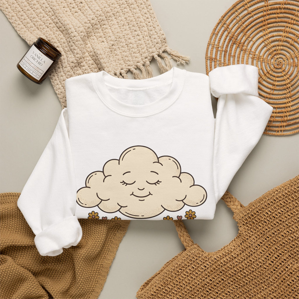 Joyful Cloud Sweatshirt Boho Chic Encouragement Gift Women Cartoon Sweatshirt Cloud Sweatshirt Bohemian Fan Illustrated Graphic Sweatshirt Hand Drawn Bloom