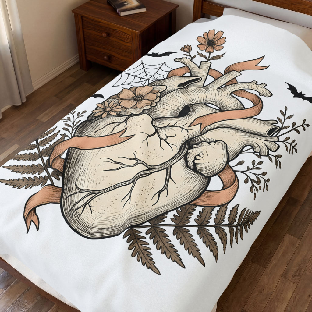 Anatomical Heart Blanket Halloween Gothic Gift Women Tattoo Art Blanket Cardiac Blanket Horror Fan Ink Blanket Dark Graphic Vintage Bats Blanket