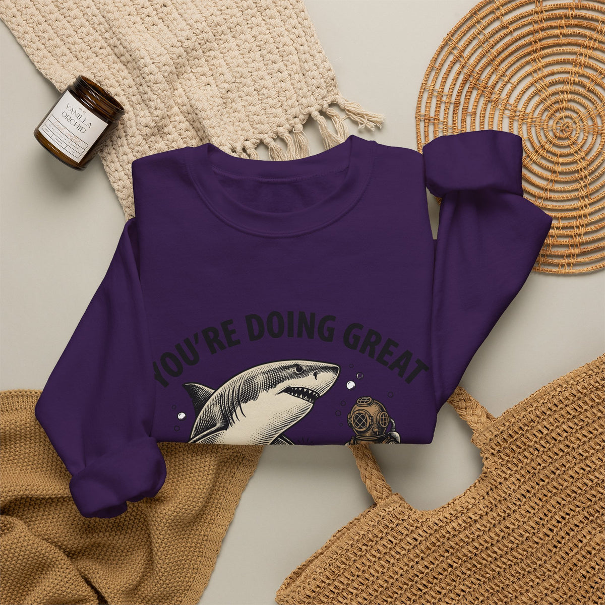 Shark Diver Sweatshirt Funny Water Gift Women Hand Drawn Sweatshirt Scuba Diver Sweatshirt Humor Fan Oceanic Graphic Sweatshirt Line Art Air Bubbles Sweatshirt
