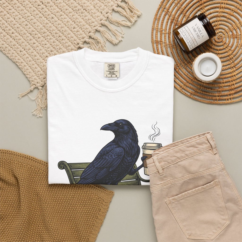 Raven Coffee T-Shirt Coffee Animal Gift Women Vintage T-Shirt Coffee T-Shirt Coffee Fan Retro T-Shirt Wildlife Graphic Hand Drawn Park Bench T-Shirt