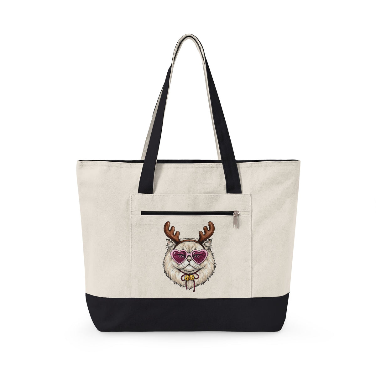 Cat Reindeer Tote Bag Christmas Cat Gift Women Hand Drawn Tote Bag Reindeer Tote Bag Xmas Fan Illustrated Graphic Kitten Design Vintage Heart