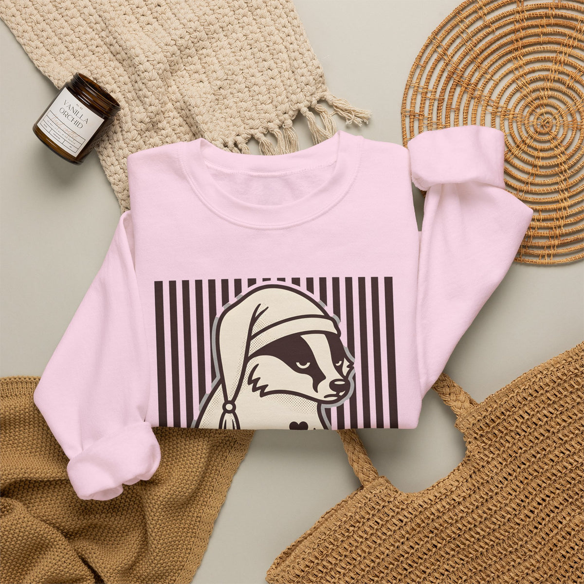 Dozing Badger Sweatshirt Funny Mammal Gift Women Cartoon Sweatshirt Badger Sweatshirt Humor Fan Comic Sweatshirt Wildlife Graphic Hand Drawn Bedtime Hat Sweatshirt