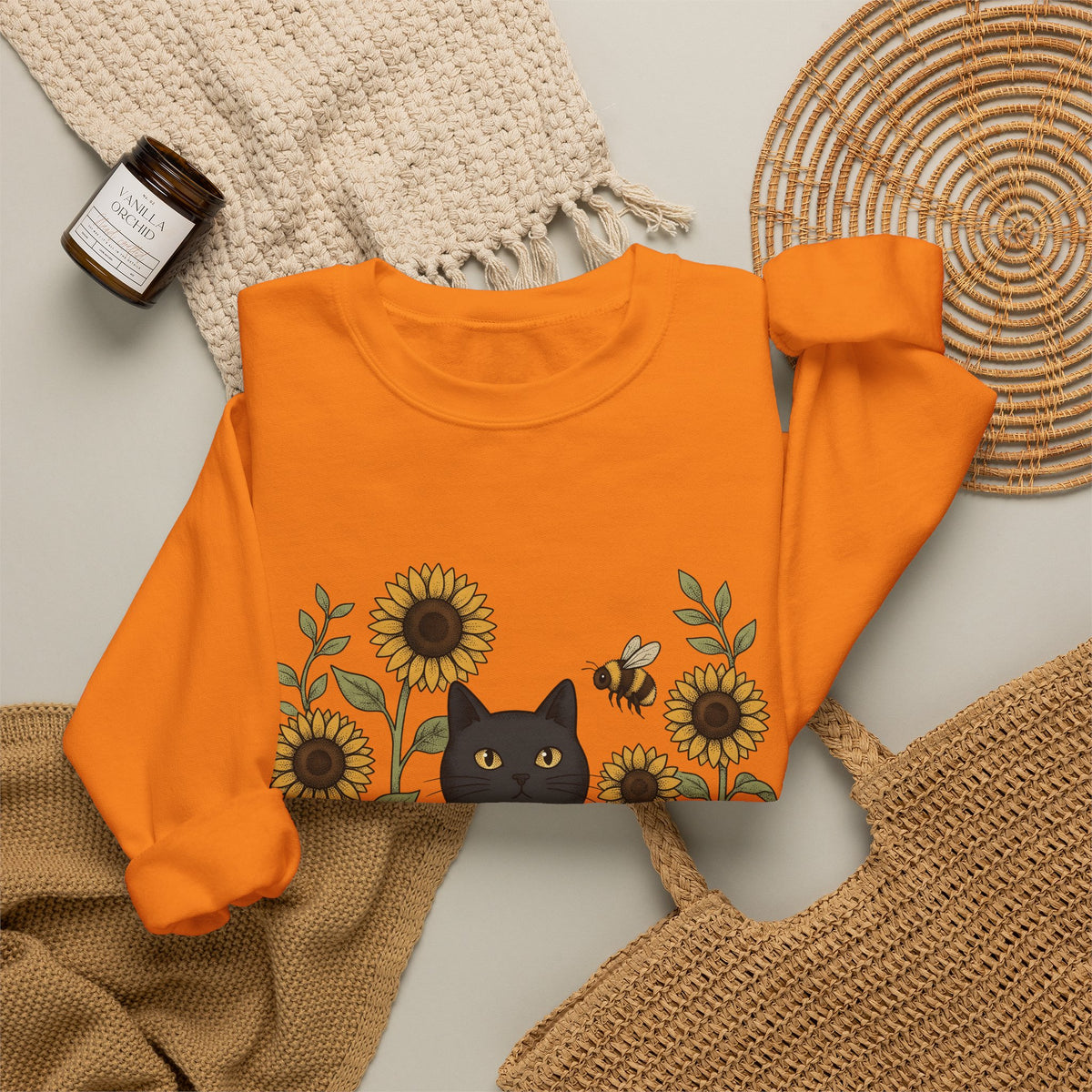 Dark Cat Sweatshirt Boho Chic Garden Gift Women Line Art Sweatshirt Black Cat Sweatshirt Bohemian Fan Minimalist Sweatshirt Gardening Graphic Cartoon Yellow