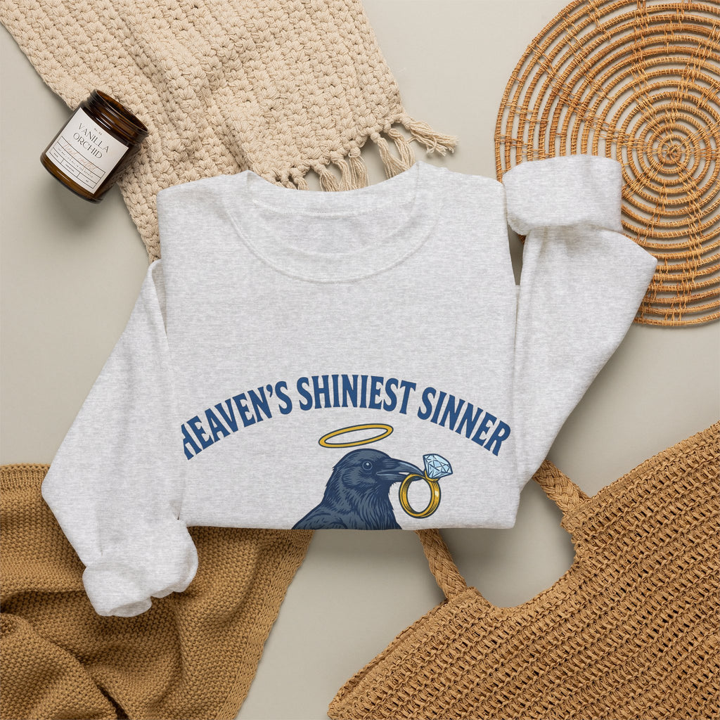 Raven Halo Sweatshirt Funny Animal Gift Women Vintage Sweatshirt Crow Sweatshirt Humor Fan Retro Sweatshirt Creature Graphic Hand Drawn Diamond Ring Sweatshirt