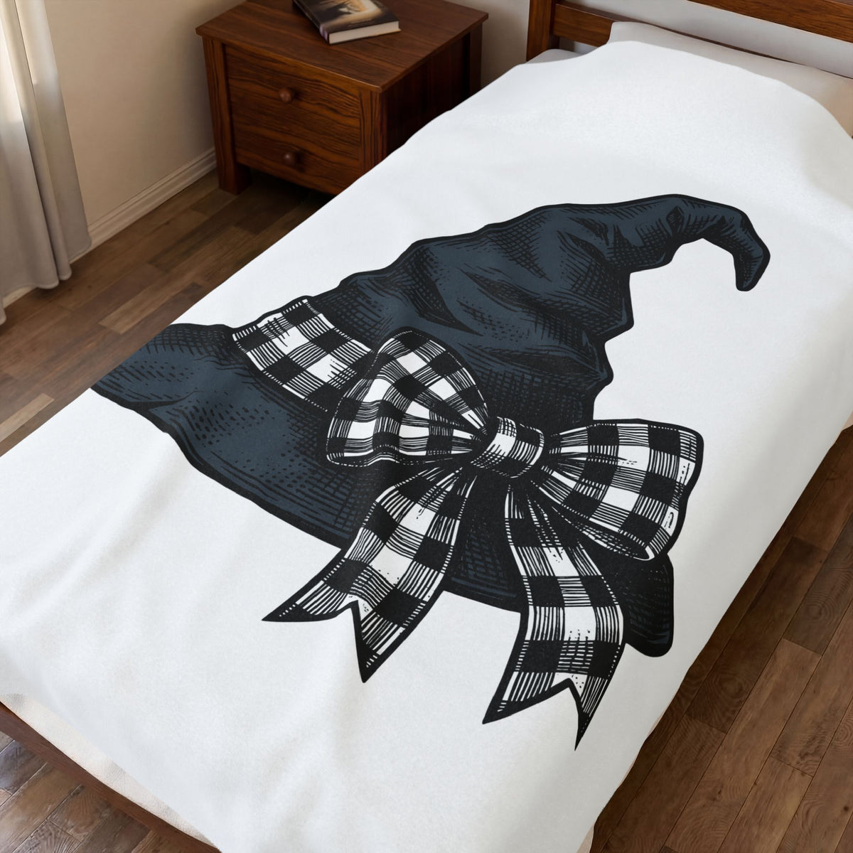 Witch Hat Blanket Halloween Sorcery Gift Women Cartoon Blanket Wizard Hat Blanket Halloween Fan Comic Blanket Magic Graphic Silhouette Gingham Bow