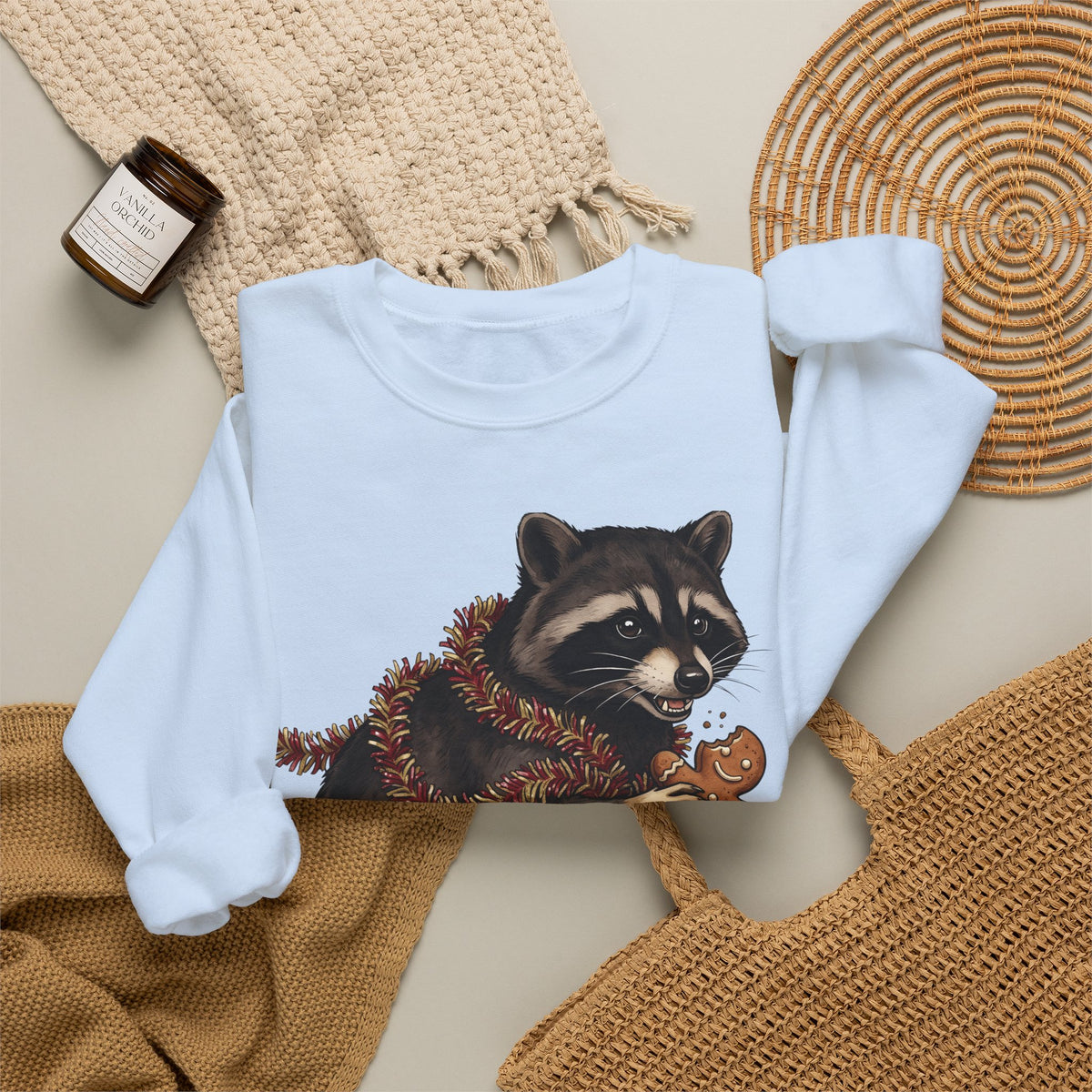 Raccoon Graphic Sweatshirt Christmas Animal Gift Women Cute Sweatshirt Trash Panda Sweatshirt Xmas Fan Wildlife Graphic Illustration Hand Drawn Gingerbread