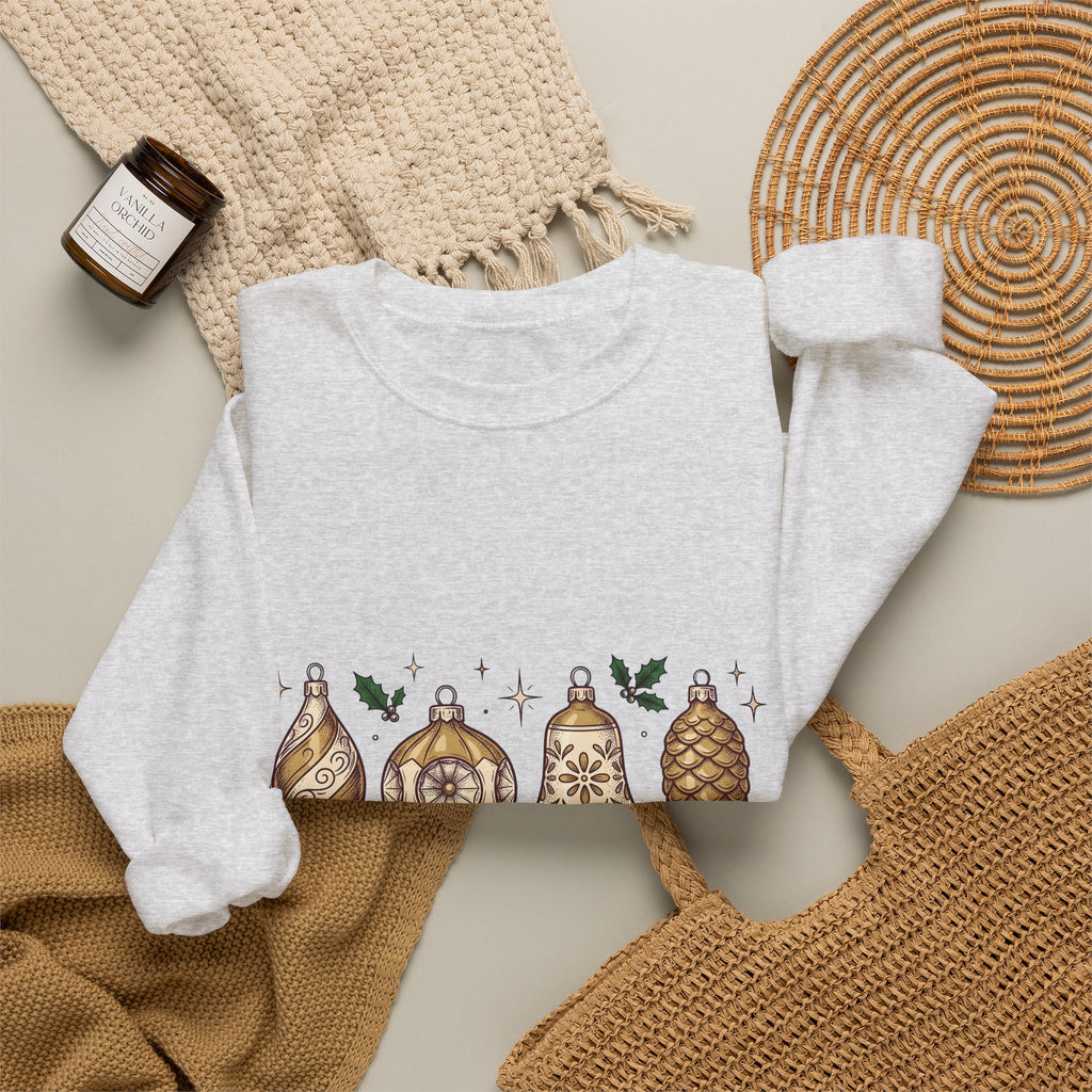 Festive Ornaments Sweatshirt Christmas Event Gift Women Line Art Sweatshirt Baubles Sweatshirt Xmas Fan Illustration Graphic Sweatshirt Hand Painted Pine