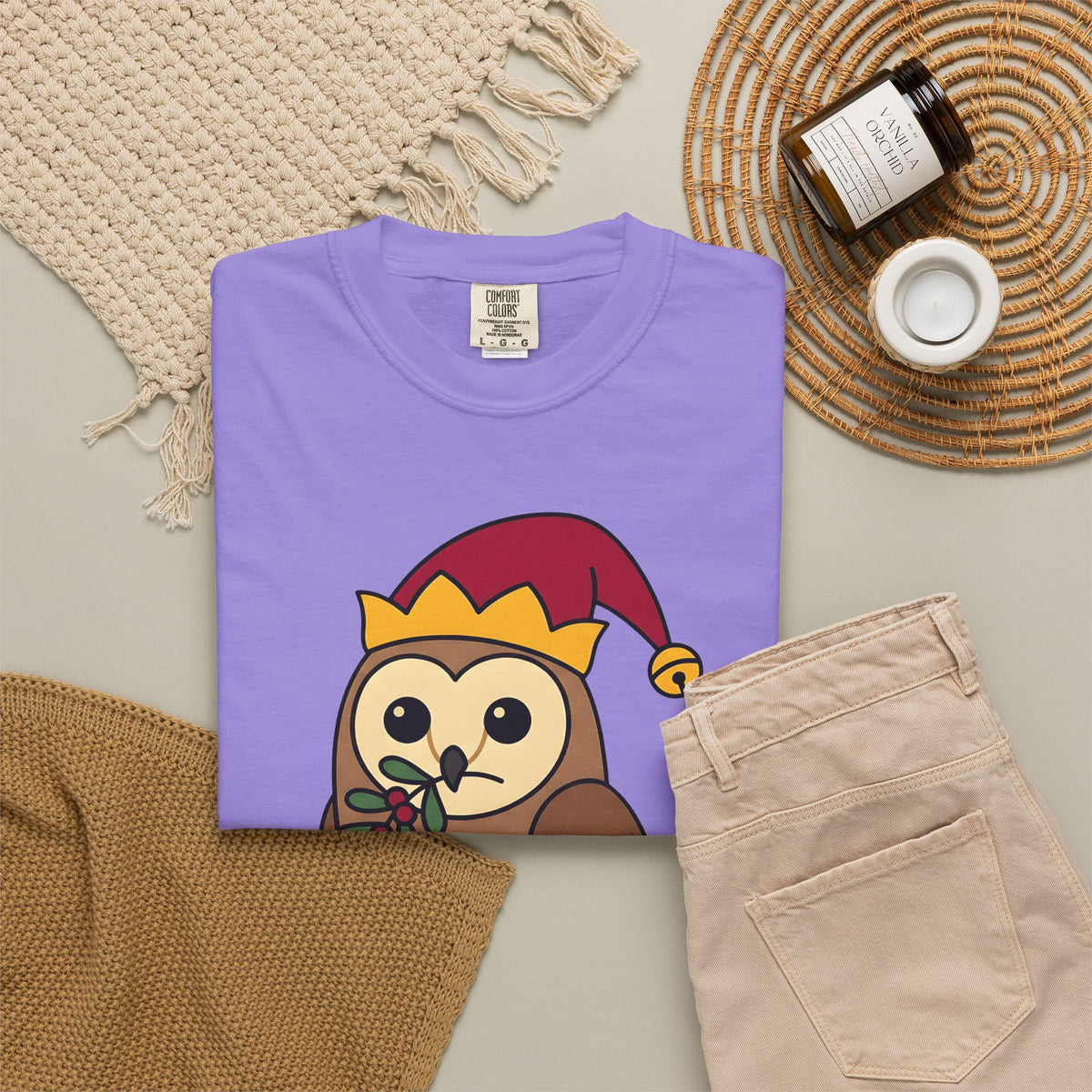Owl Print T-Shirt Christmas Fauna Gift Women Playful T-Shirt Owl T-Shirt Christmas Fan Hoot Graphic Wildlife Illustration Fun Pine T-Shirt