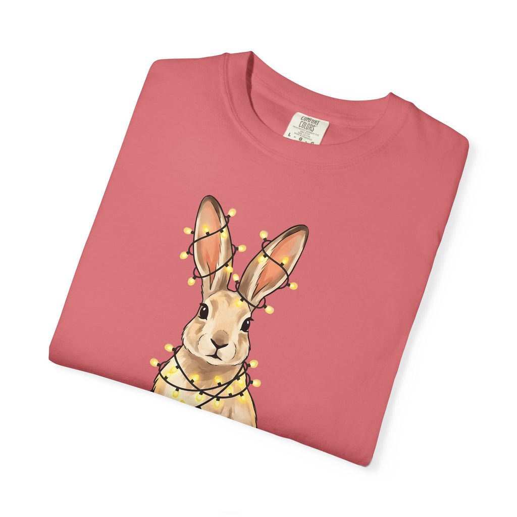 Bunny T-Shirt Animals Holiday Gift Women Cute T-Shirt Rabbit T-Shirt Pet Fan Cute T-Shirt Christmas Graphic Hand Drawn String Lights T-Shirt
