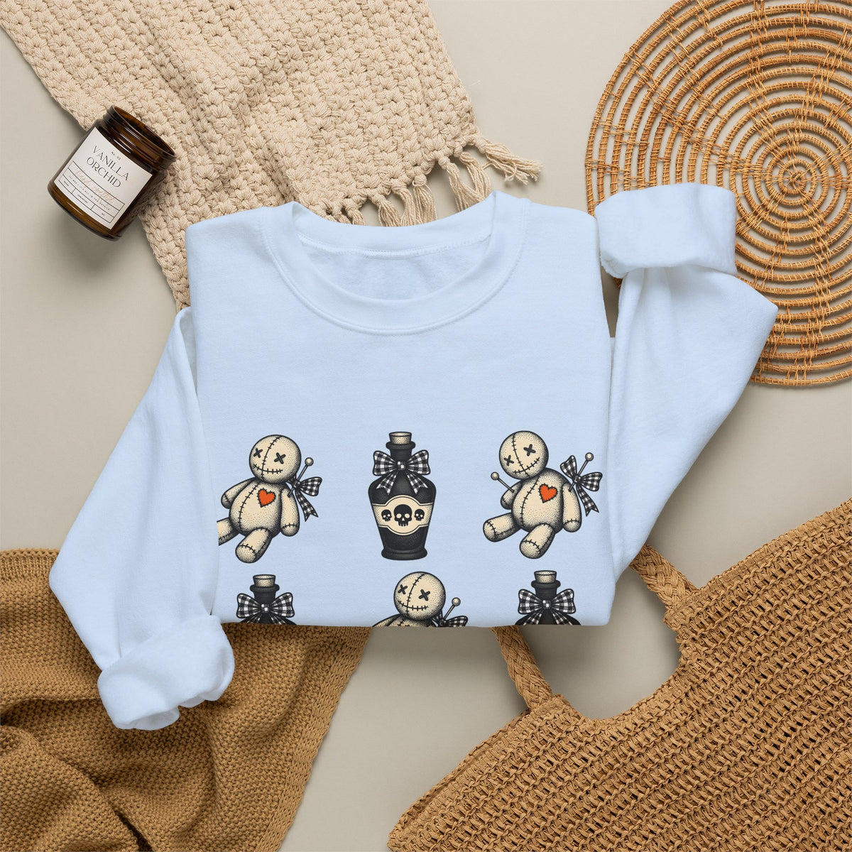 Charm Doll Sweatshirt Halloween Macabre Gift Women Old School Sweatshirt Voodoo Doll Sweatshirt Horror Fan Retro Sweatshirt Dark Graphic Throwback Remedy Flask