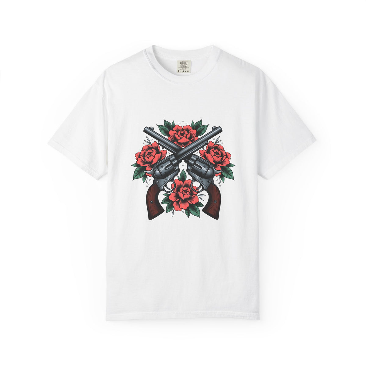 Crossed Revolvers T-Shirt Cowgirl Western Gift Women Tattoo Style T-Shirt Guns T-Shirt Rodeo Fan Traditional T-Shirt Country Graphic Vintage Roses
