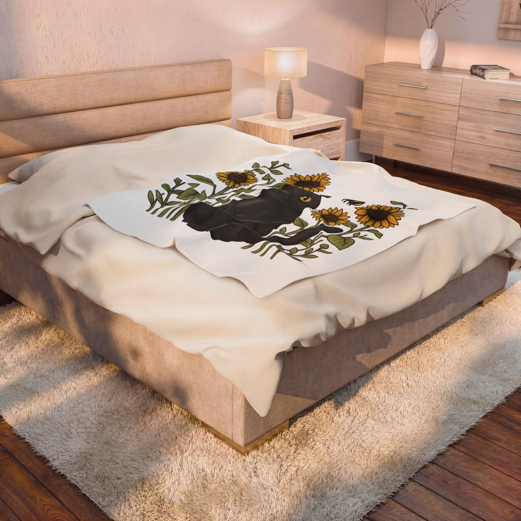 Dark Cat Blanket Boho Chic Garden Gift Women Line Art Blanket Black Cat Blanket Bohemian Fan Minimalist Blanket Gardening Graphic Cartoon Yellow