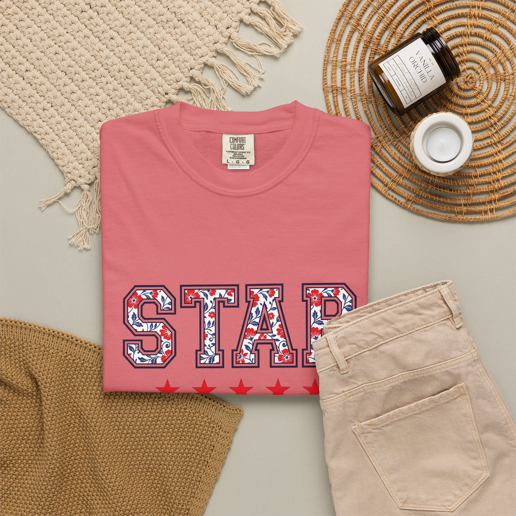 Floral Varsity Letters T-Shirt 4th Of July Summer Gift Women Patriotic T-Shirt Letterman T-Shirt Independence Fan American T-Shirt Seasonal Graphic
