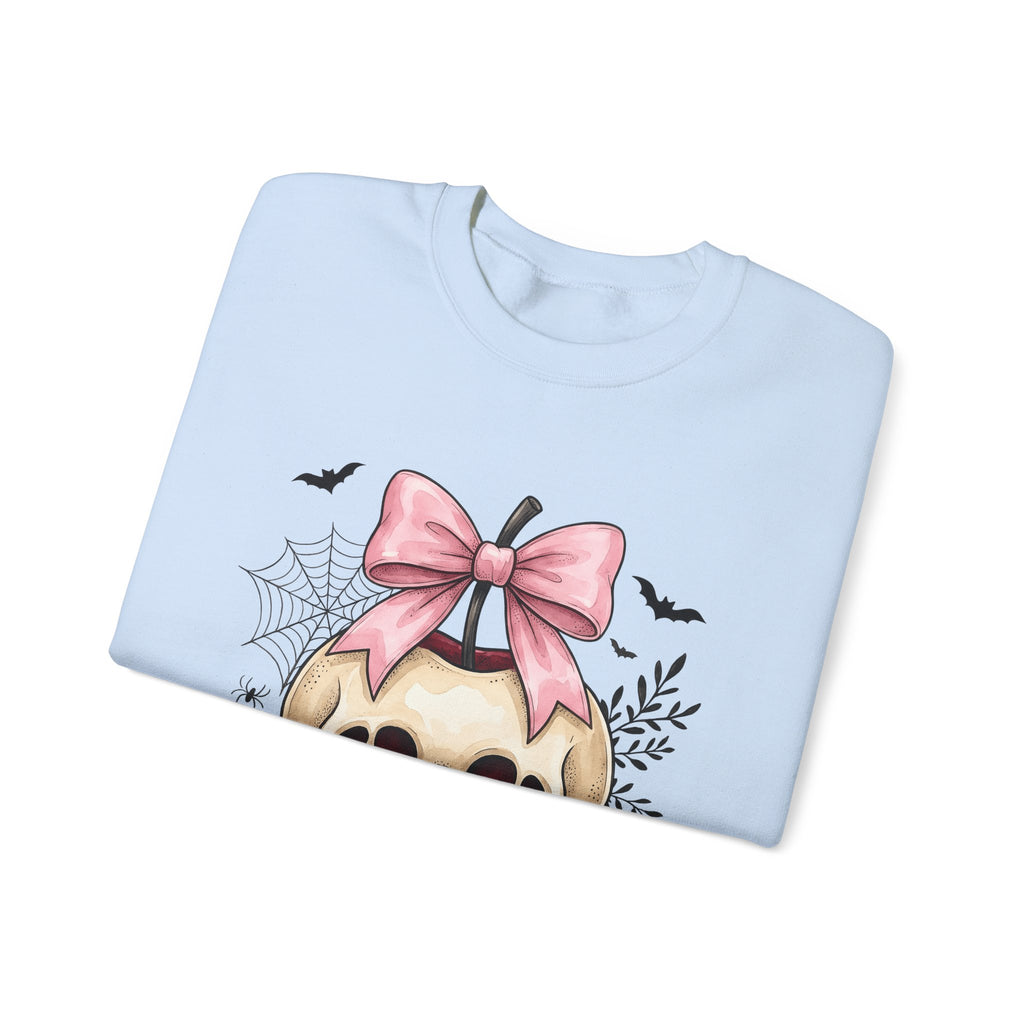 Skeleton Apple Sweatshirt Halloween Scary Gift Women Horror Sweatshirt Bone Sweatshirt Spooky Fan Macabre Sweatshirt Frightful Graphic Hand Drawn Pink Hair Bow